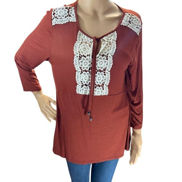 (5 for $25) NWT Style & Co Lace Placket Ribbed Peasant Blouse in Rich Auburn NWT - Picture 1 of 4